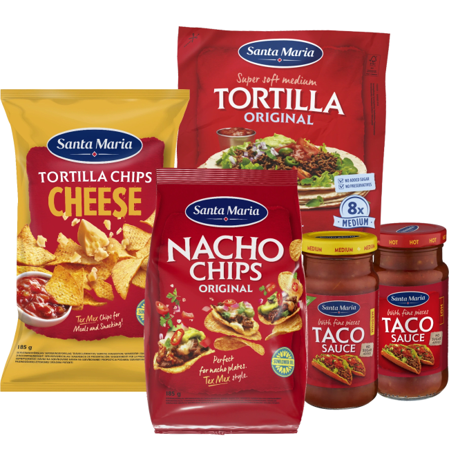 Illustration av Tortilla original, Tacochips, Tacosås