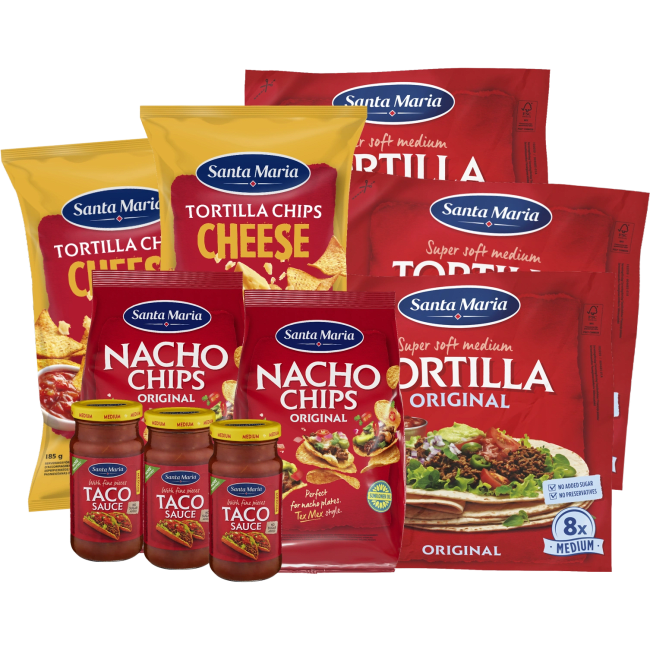 Illustration av Tortilla original, Tacochips, Tacosås