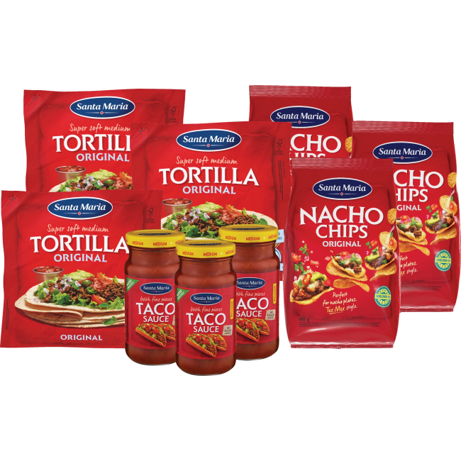 Illustration av Tortillabröd, Tacochips, Tacosås
