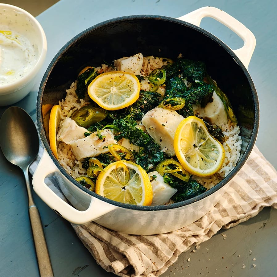 Kryddig biryani med torsk och spenat