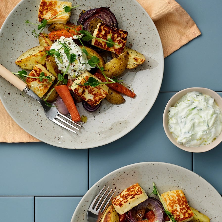 Rostade rotfrukter med halloumi och tzatziki