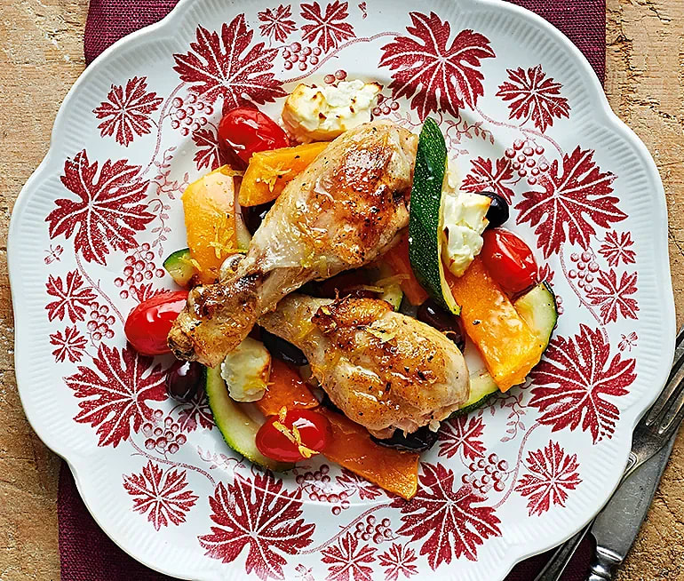 Rostad kyckling med pumpa, fetaost och oliver