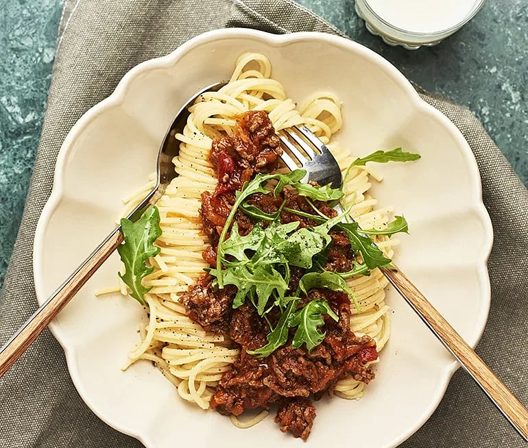 Köttfärssås och spaghetti