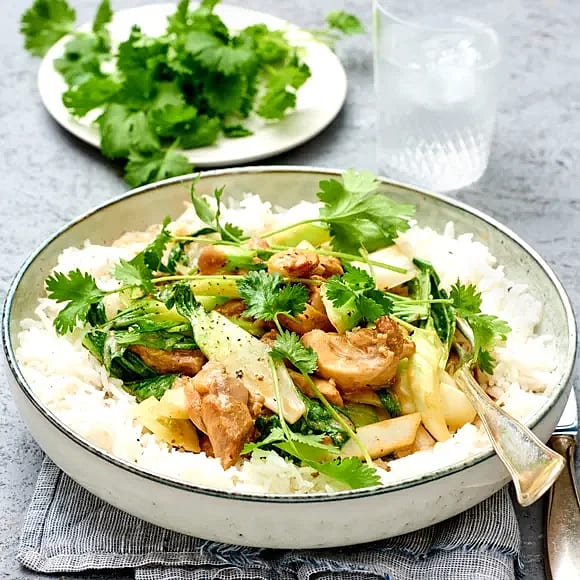 Kyckling i röd curry med pak choi och koriander