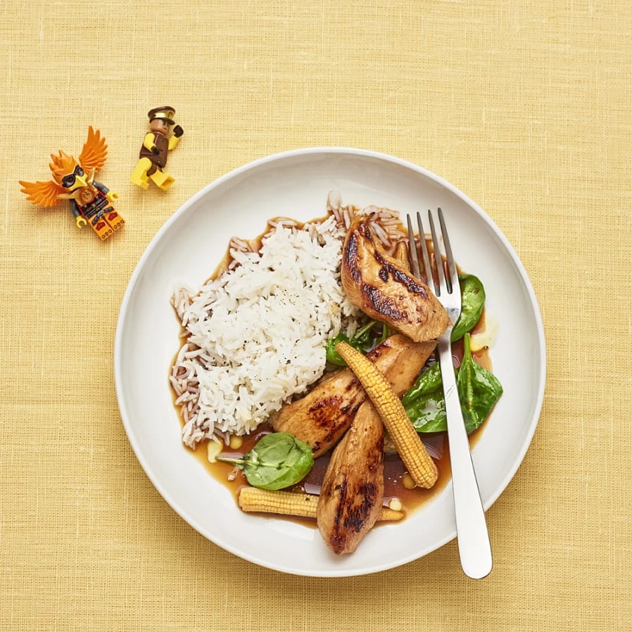 Kyckling teriyaki med ris och minimajs