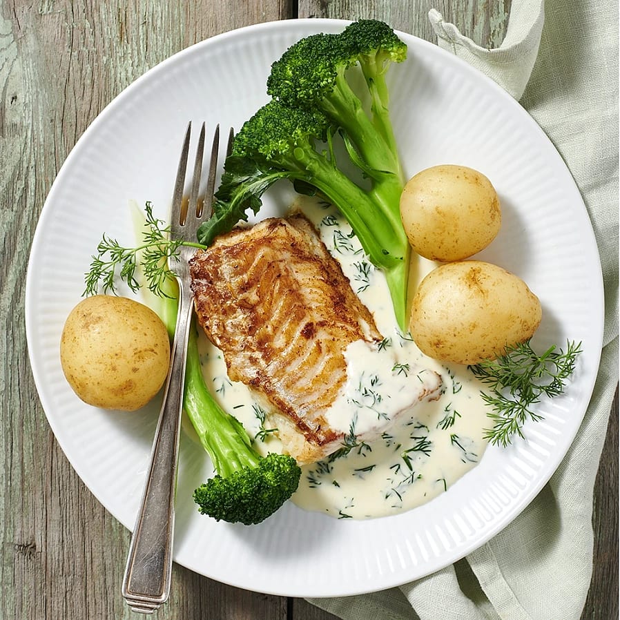 Stekt torsk med dillsås och broccoloco
