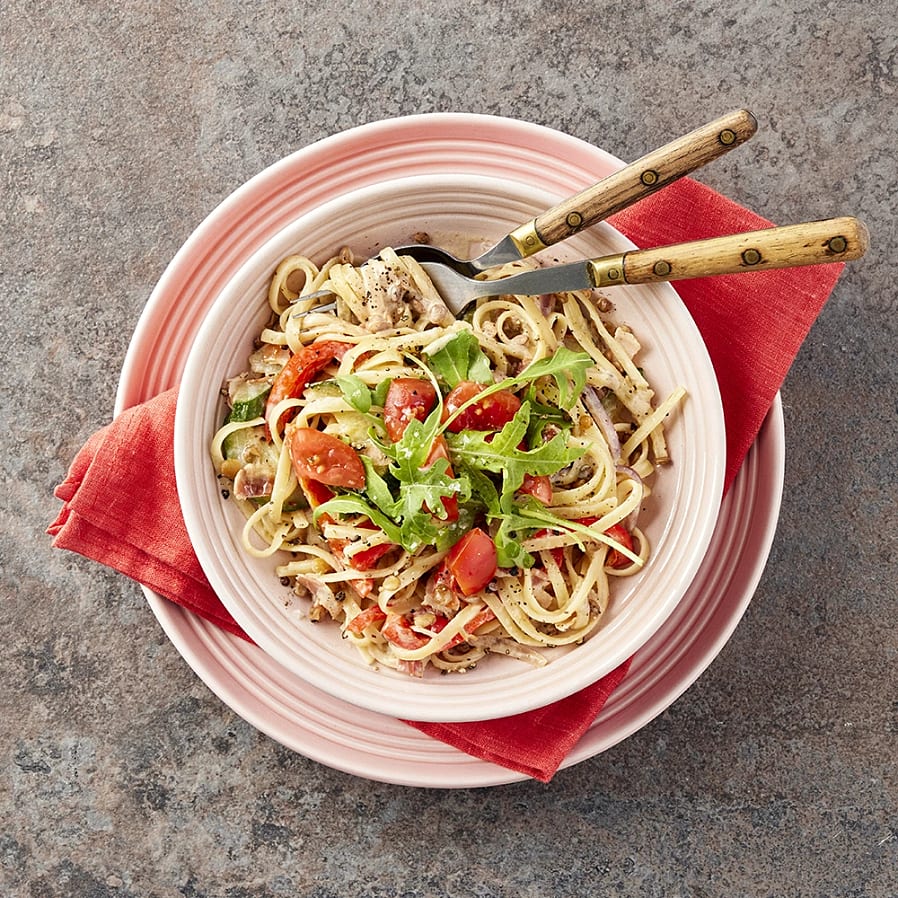 Pastapancetta med zucchini och linser