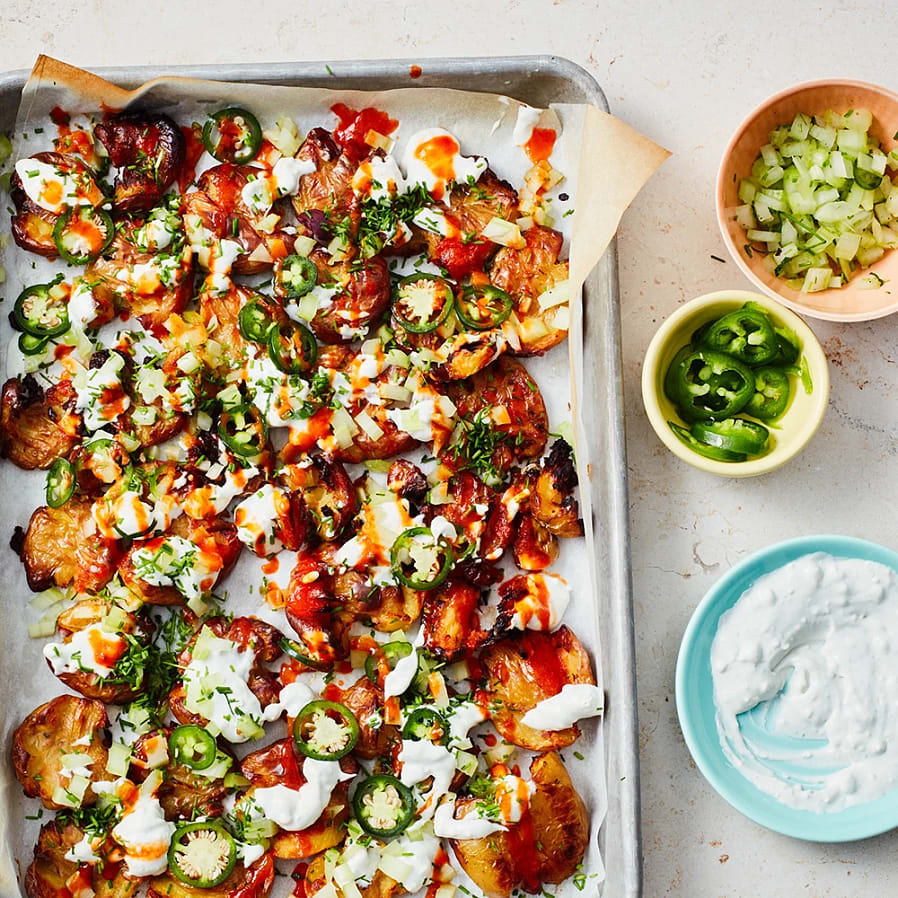 Smashed potatoes med blue cheese dressing