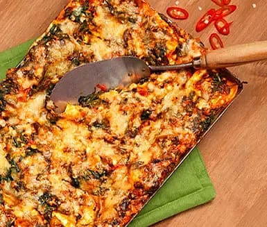 Lasagne med chili, cottage cheese och bladspenat