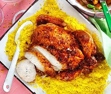 Helstekt kyckling med nordafrikanska grönsaker och harissa