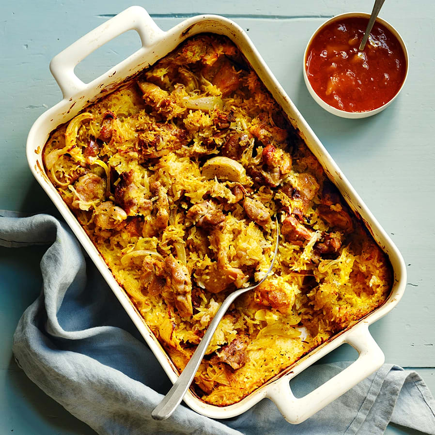 Ugnsbakat ris med curry- och yoghurtkyckling