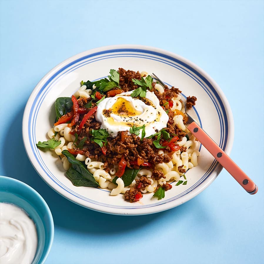 Makaroner med kryddig färs och brynt myntasmör