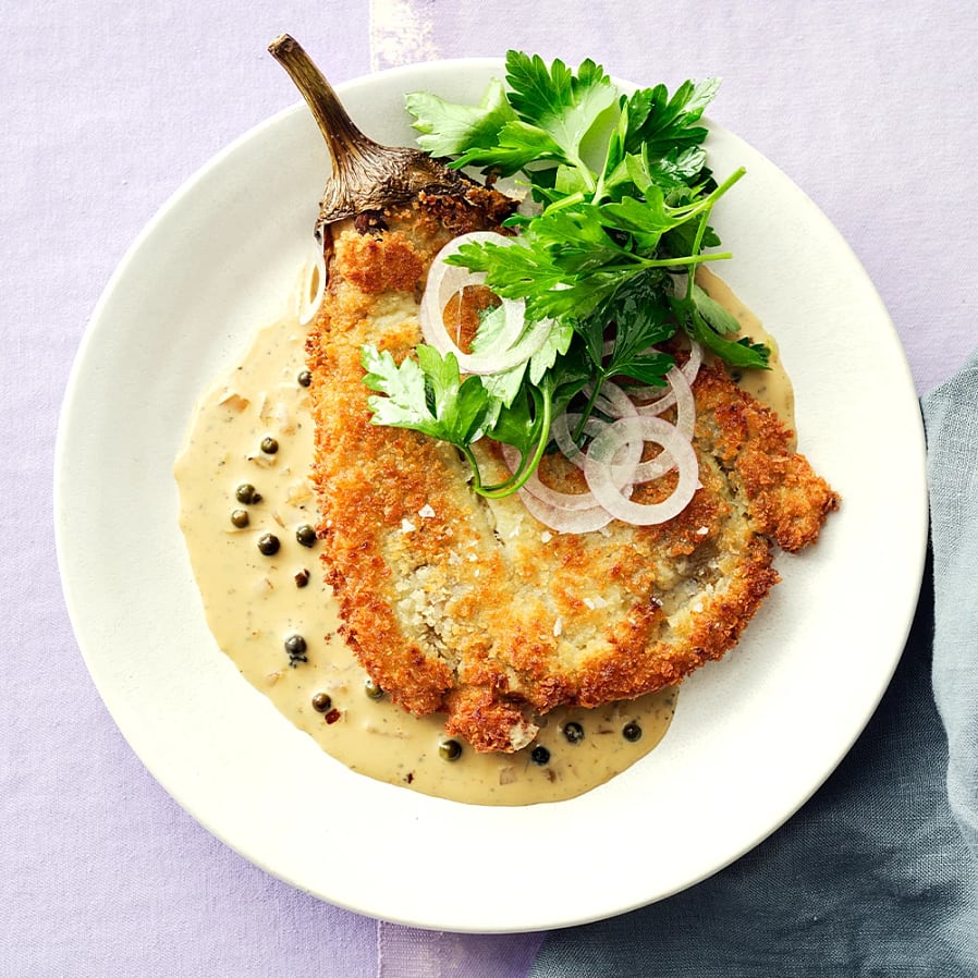 Aubergineschnitzel med grönpepparsås