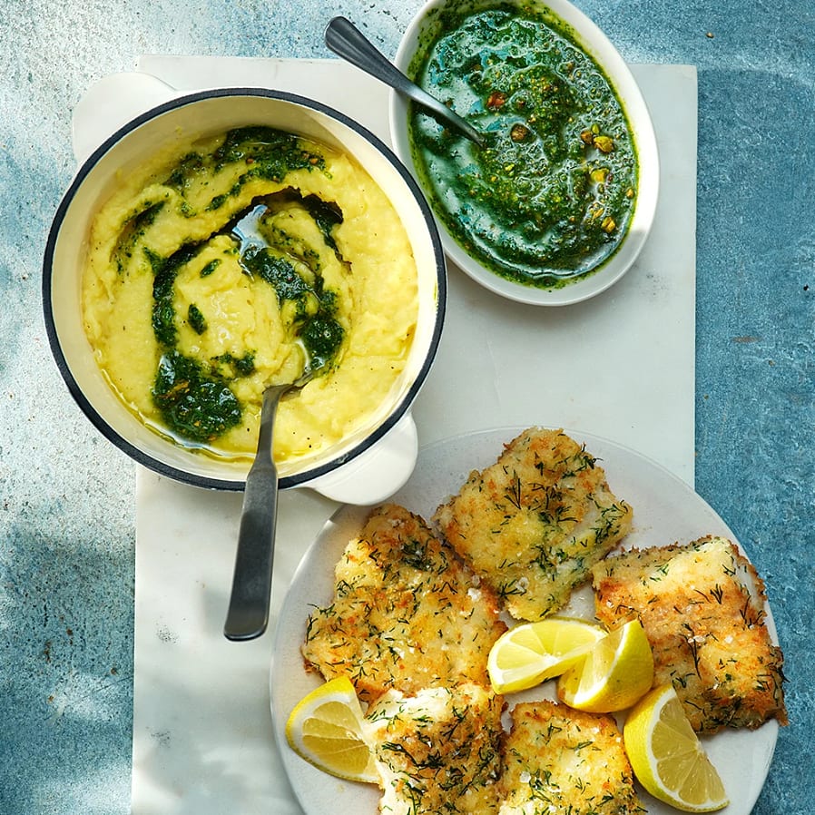 Frasig citrontorsk med potatismos och pistagepesto