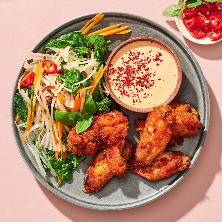 Koreanska kycklingvingar med kimchimajonnäs