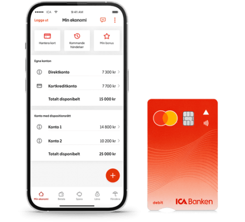 Smartphone med appen och det röda bankkortet