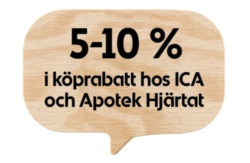 Pratbubbla som säger 5-10 % i köprabatt hos ICA och Apotek Hjärtat.