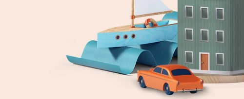 Illustration av ett hus, en bil och en båt.