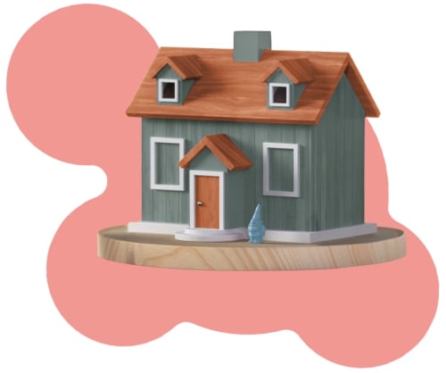 En illustration av ett hus mot en färgad platta.