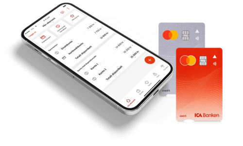 Mobil som visar ICA Bankens app och två bankkort