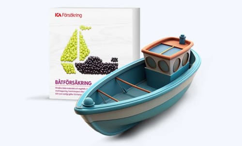 En båt och en produktbox med båtförsäkring - Låna till båten och köp en båtförsäkring
