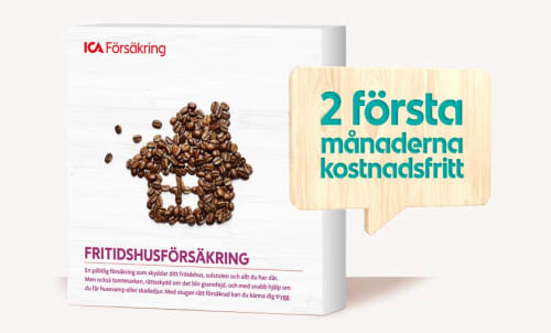 En produktbox för fritidshusförsäkring och en skylt: 2 första månaderna kostnadsfritt