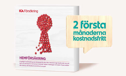 Försäkringsbox med hemförsärkring och en pratbubbla med texten 2 första månaderna kostnadsfri hemförsäkring