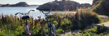 Bild på  två cyklar parkerade vid vattnet