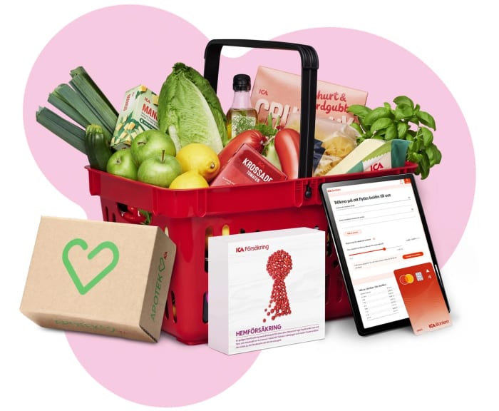 Varukorg med mat och företagsprodukter runt om.