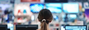 Ung kvinna står i ett elektronikvaruhus med ryggen mot kameran