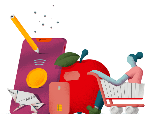 Illustration med figurer som ska symbolisera vardagsekonomiska saker.