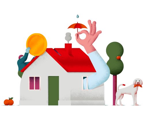 En illustration av ett hus med ett antal figrurer runt om.