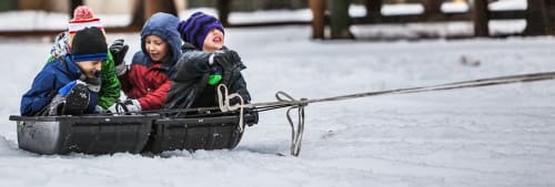 Barn som åker pulka på ett sportlov.