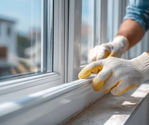 En hantverkare installerar nya fönster på ett hus. Låna till energibesparande åtgärder hos ICA Banken.