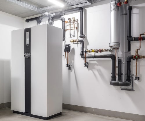 En bergvärmepump som är installerad i en källare på ett hus. Låna till bergvärme eller annan värmepump hos ICA Banken.