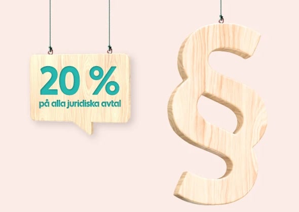 En pratbubbla med texten 20 % rabatt på juridiska avtal och ett paragraftecken som hänger i snören