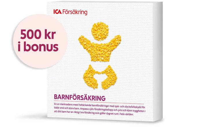 Försäkringsbox för barnförsäkring med ett budskap om att man får 500 kr i bonus vid köp av barnförsäkring