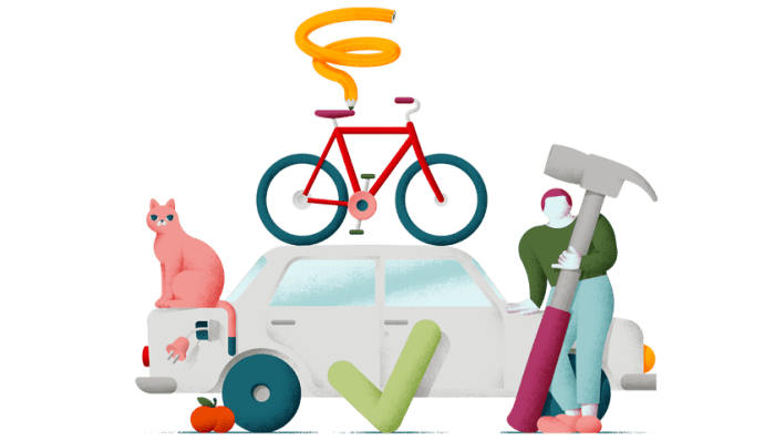 Illustration med en bild och flera figurer runt om.