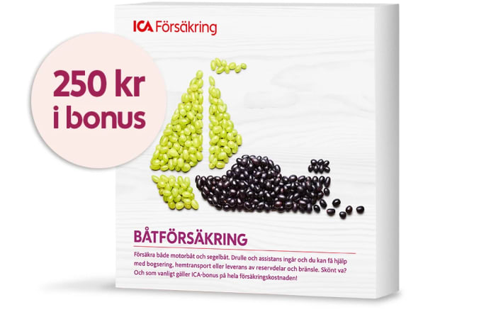 Produktbox för båtförsäkring med en puff om att man för 250 kr i bonus..