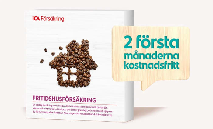 En produktbox för fritidshusförsäkring och en skylt: 2 första månaderna kostnadsfritt