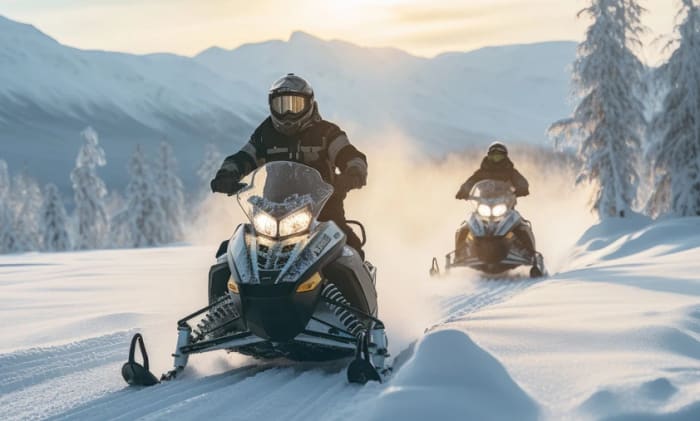 Två snöskotrar som körs genom ett vinterlandskap