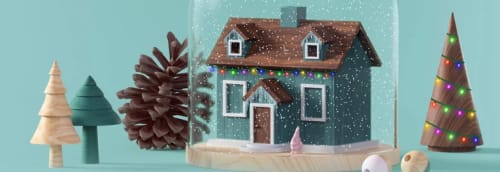 Ett juligt hus med färgladda ljusslingor på huset och i träden.