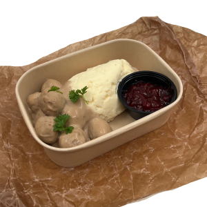 Lent potatismos med köttbullar, gräddsås och lingonsylt. Enebys bästsäljare bland varmaten!