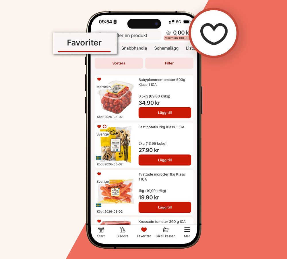 Skärmbild av favoritvaror i appen
