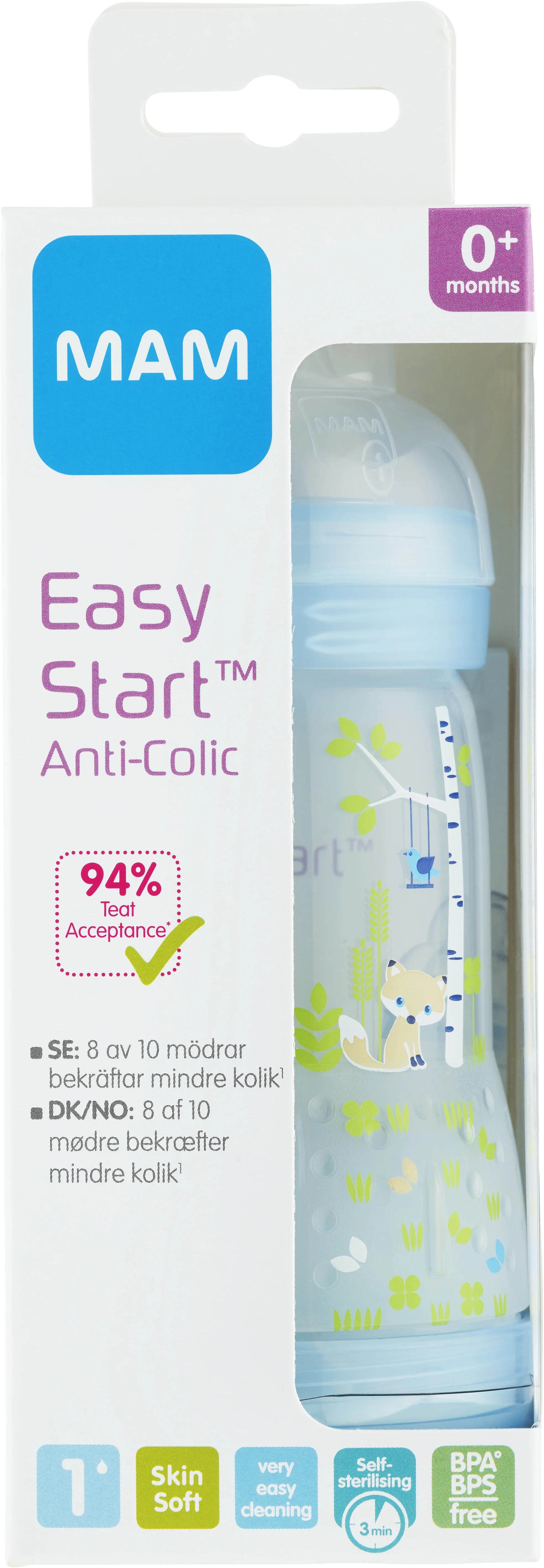 MAM Easy Start Anti Colic nappflaska 0 mån+ 260 ml Ljusblå - Nappflaska nyfödd