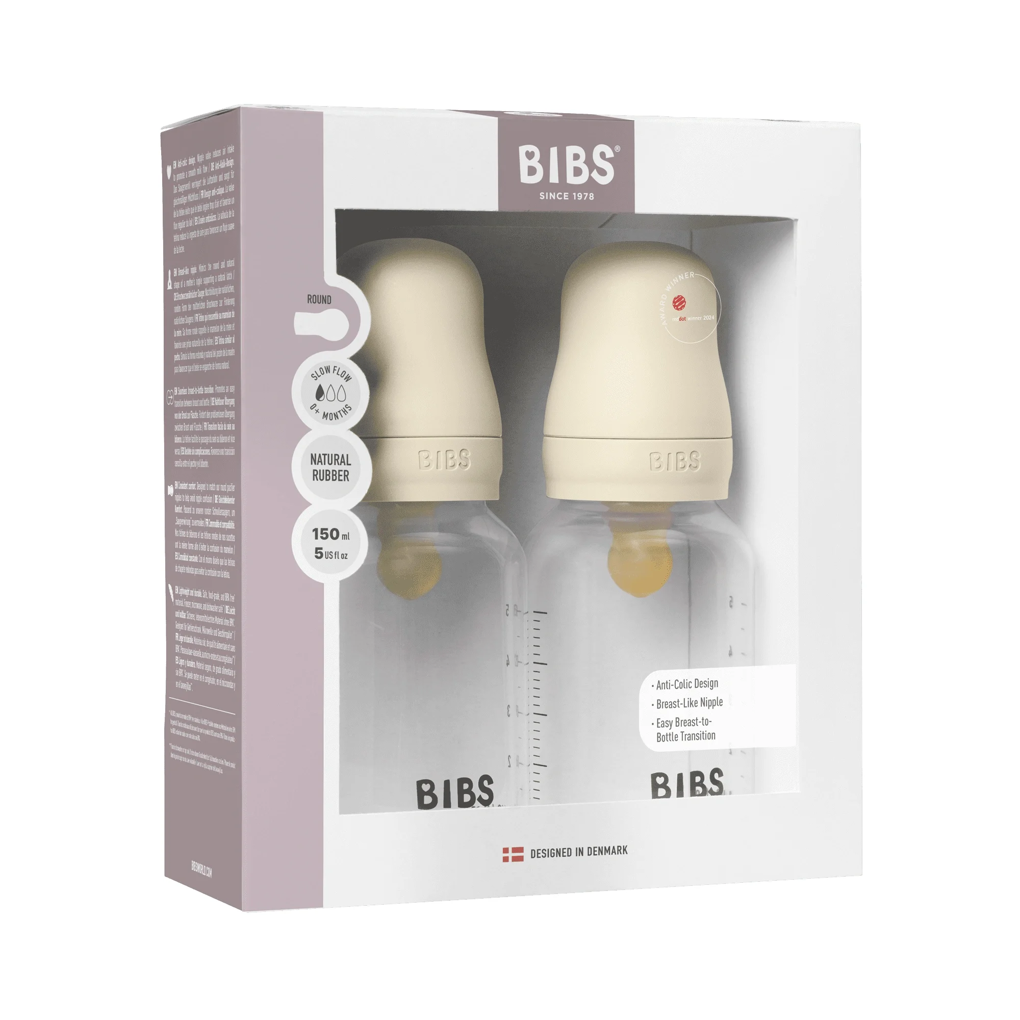 BIBS Baby Bottle Round Latex Slow Flow Ivory 150 ml 2-pack