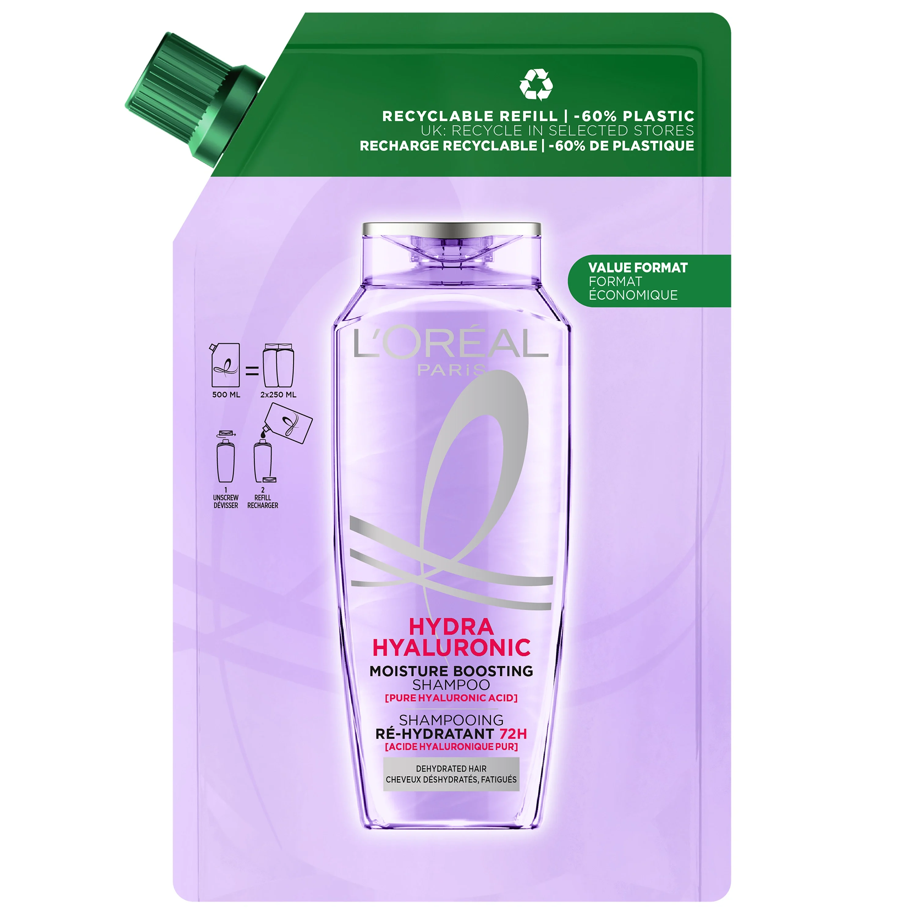 L'Oréal Paris Elvital Hyaluron Plump Shampoo Refill 500 ml - Schampo för torrt hår