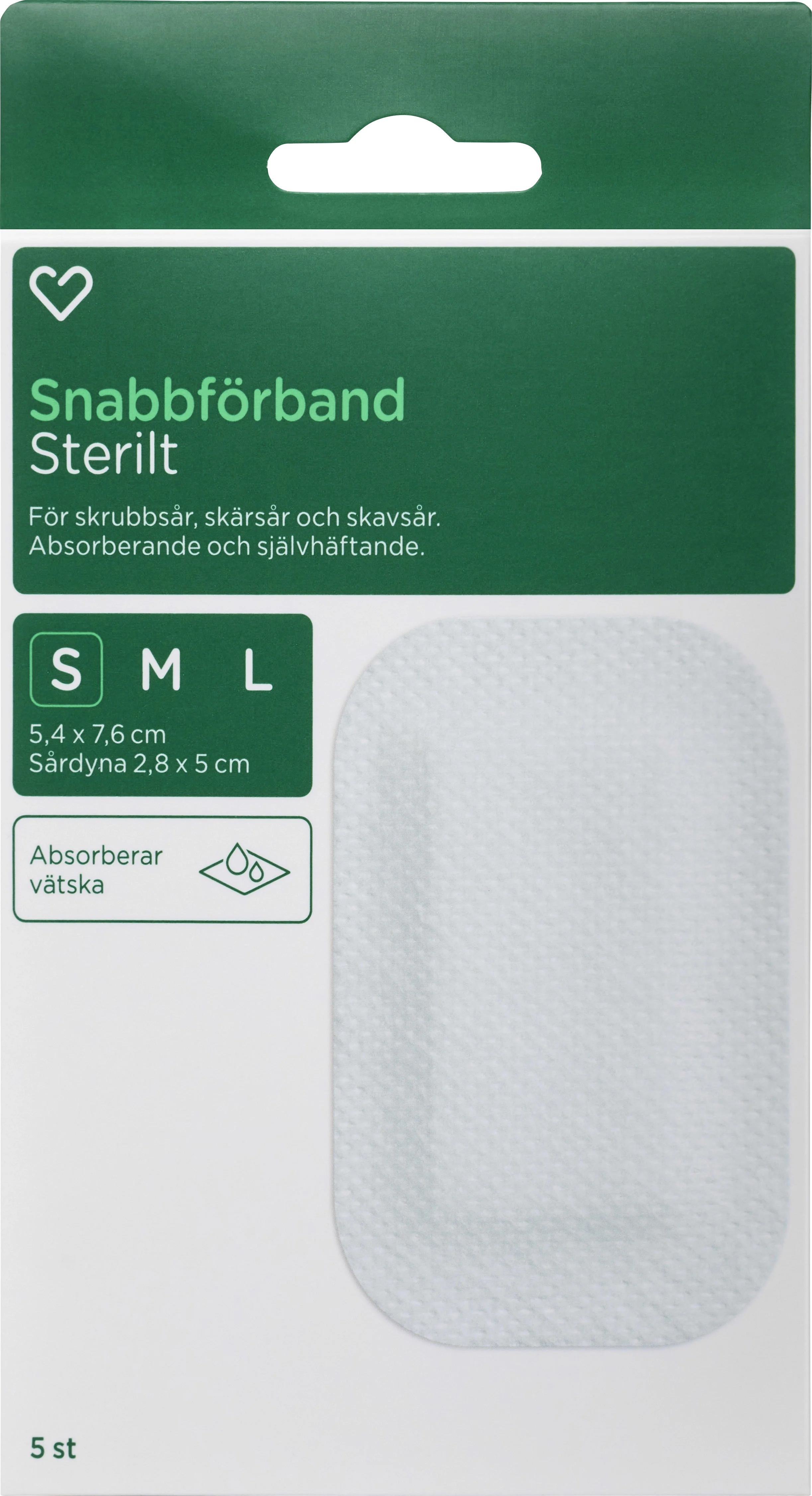 Hjärtats Snabbförband Sterilt 5,4cm x 7,6cm 5st - Förband