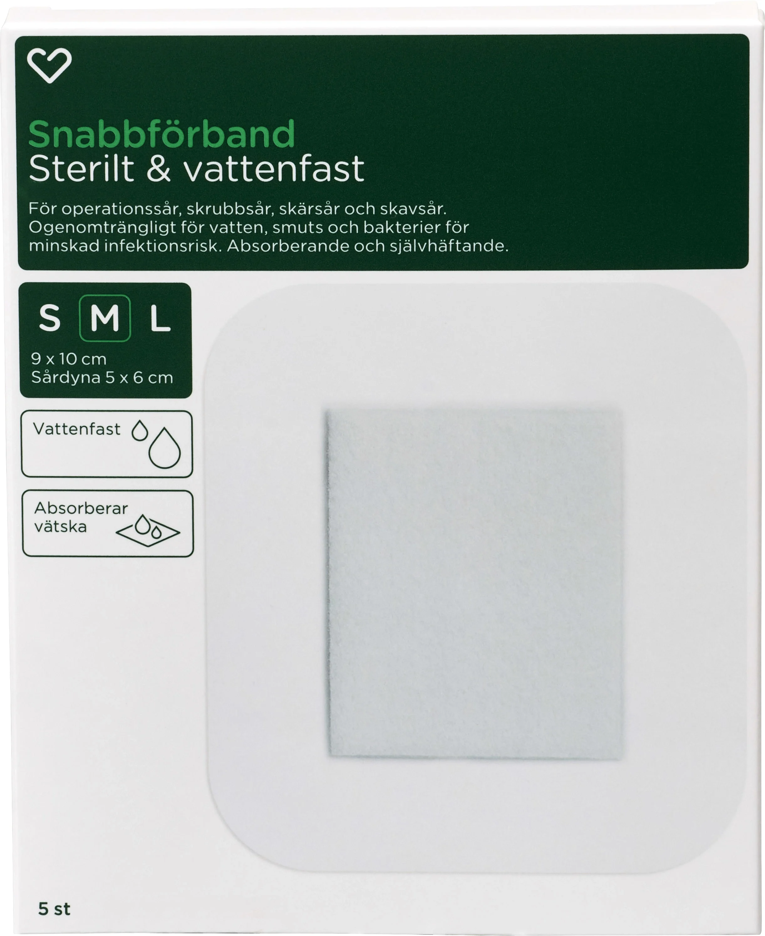 Hjärtats Snabbförband Sterilt Vattenfast 9cm x 10cm 5st - Vattentäta plåster