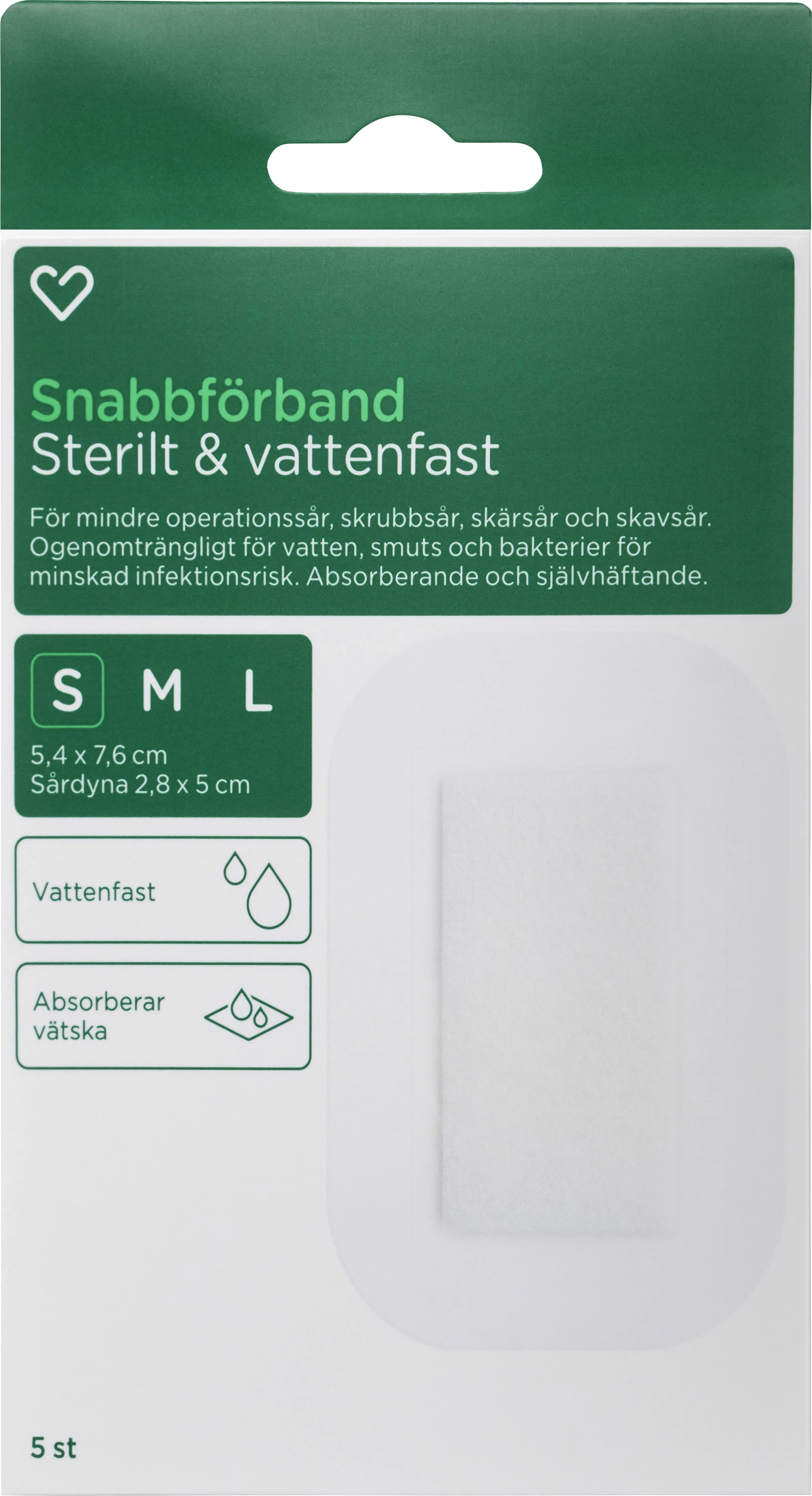 Hjärtats Snabbförband Sterilt Vattenfast 5,4cm x 7,6cm 5st - Vattentäta plåster